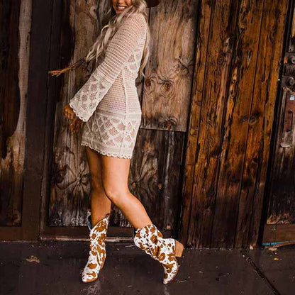 Womens PU Suede Pointed Toe Boots Mid Calf Mid Heel 2-3" - Black,Brown