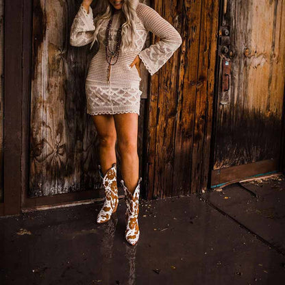 Womens PU Suede Pointed Toe Boots Mid Calf Mid Heel 2-3" - Black,Brown