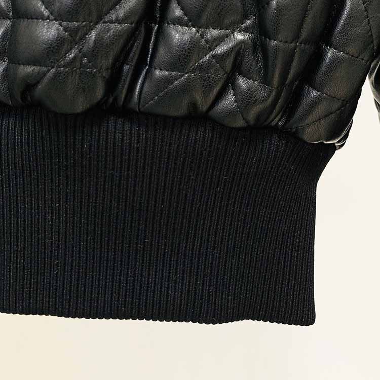 Women's Luxury Faux Leather Quilted Short Crop Bomber Jacket Coat Black