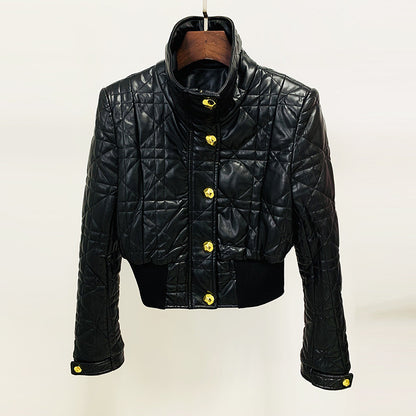 Women's Luxury Faux Leather Quilted Short Crop Bomber Jacket Coat Black