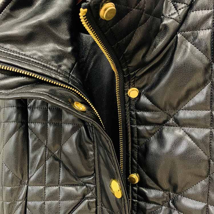 Women's Luxury Faux Leather Quilted Short Crop Bomber Jacket Coat Black