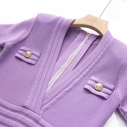 Women's V Neck Sweater Dress Short Sleves Violet Knitted Bodycon Dress