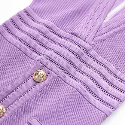 Women's V Neck Sweater Dress Short Sleves Violet Knitted Bodycon Dress