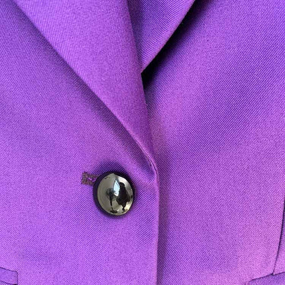 Women Luxury One Button Purple Blazer + Mid-High Rise Faux Fur Mini Skirt Suit