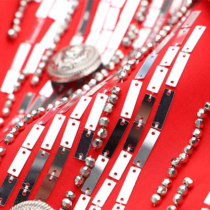 Women's Jewellry Embroidery Silver Lion Buttons Fitted Blazer Jacket Black & Red