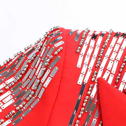 Women's Jewellry Embroidery Silver Lion Buttons Fitted Blazer Jacket Black & Red