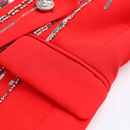 Women's Jewellry Embroidery Silver Lion Buttons Fitted Blazer Jacket Black & Red