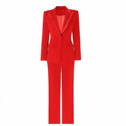 Women Single Breasted Blazer Red Jacket and Suit Pants 2 Pieces Suit