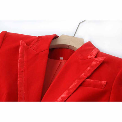 Women Single Breasted Blazer Red Jacket and Suit Pants 2 Pieces Suit