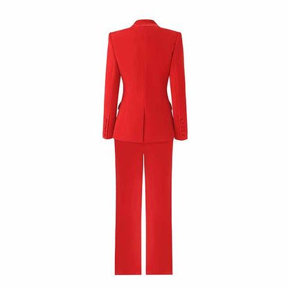 Women Single Breasted Blazer Red Jacket and Suit Pants 2 Pieces Suit