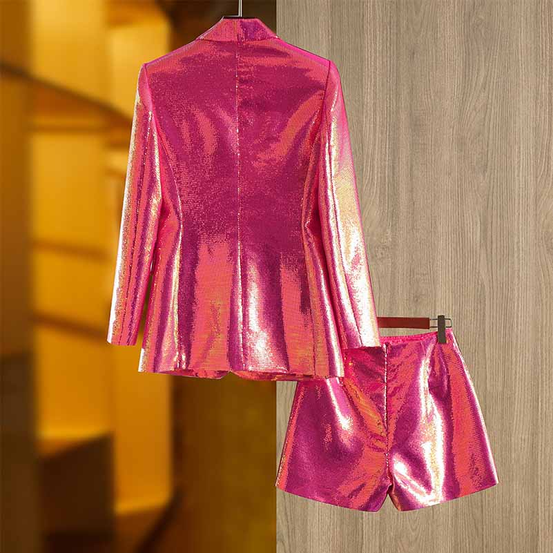 Women Sequined Bling Bling Mid-length Single Breast Blazer + Shorts Suit Hot Pink