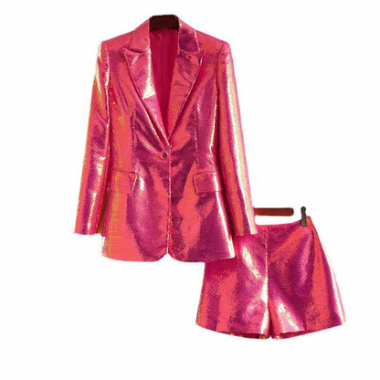 Women Sequined Bling Bling Mid-length Single Breast Blazer + Shorts Suit Hot Pink
