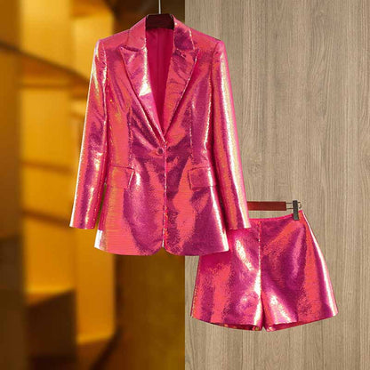 Women Sequined Bling Bling Mid-length Single Breast Blazer + Shorts Suit Hot Pink