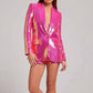 Women Sequined Bling Bling Mid-length Single Breast Blazer + Shorts Suit Hot Pink