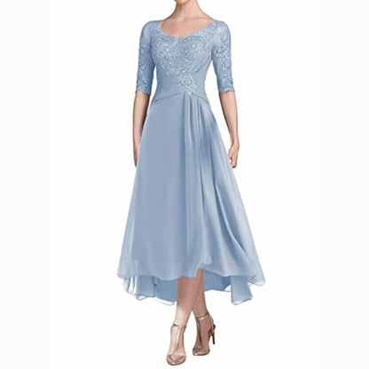 Elegant blue ruffle wedding guest dress for women with 3/4 sleeves and intricate detailing