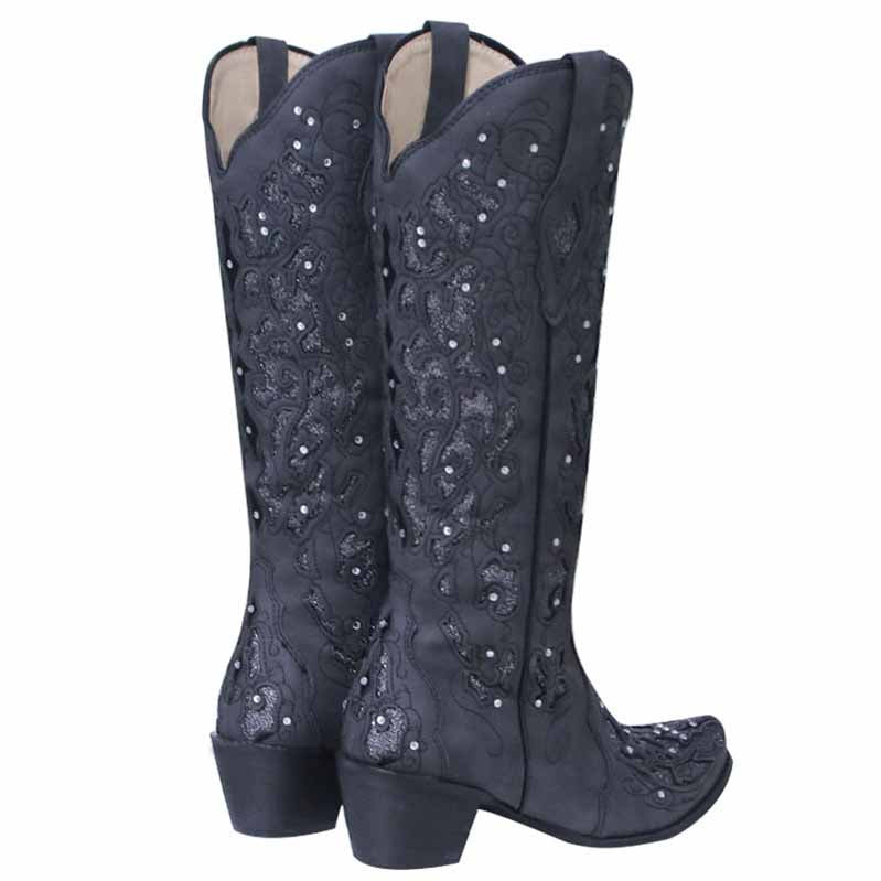 Elegant black rustic bridal cowgirl boots adorned with intricate designs and embellishments
