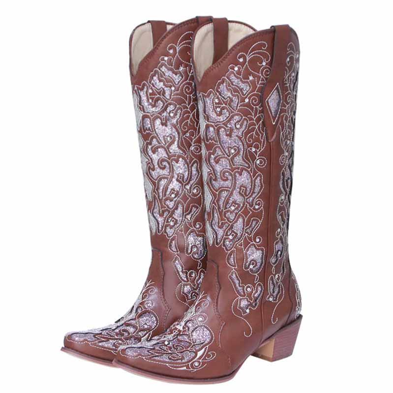 Brown rustic bridal cowgirl boots with intricate embroidery for a stylish wedding look