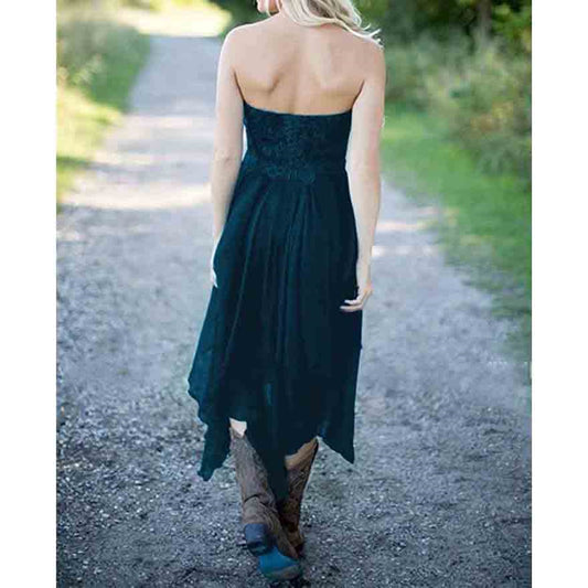 Back view of a strapless rustic bridesmaid dress for women in dark green, perfect for outdoor weddings