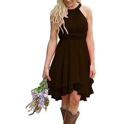 Chic cowgirl bridesmaid dress for rustic wedding in black, featuring a flowy skirt and stylish straps