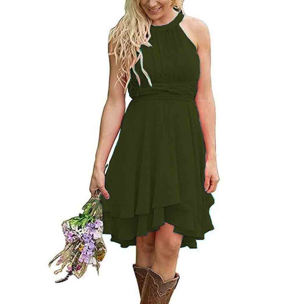 Green cowgirl bridesmaid dress for rustic wedding featuring a flowy design and halter neck style.
