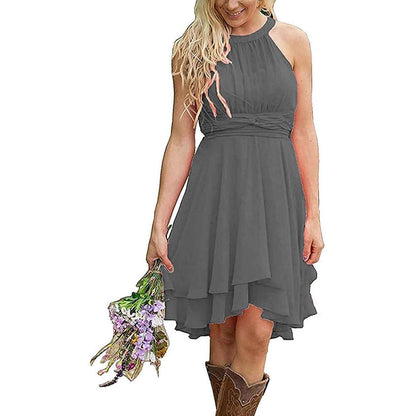 Gray cowgirl bridesmaid dress for rustic wedding with halter neck and layered skirt