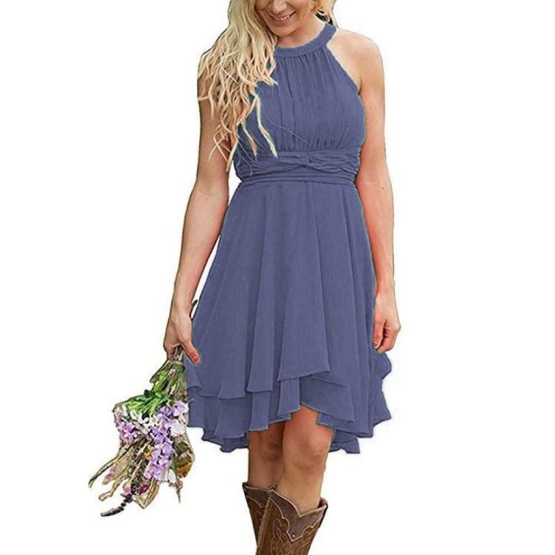 Elegant cowgirl bridesmaid dress for rustic wedding with halter neckline and layered skirt