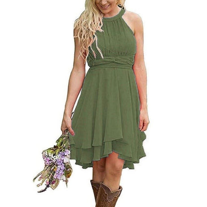 Elegant sd-hk cowgirl bridesmaid dress for rustic wedding with flowing skirt and halter neckline