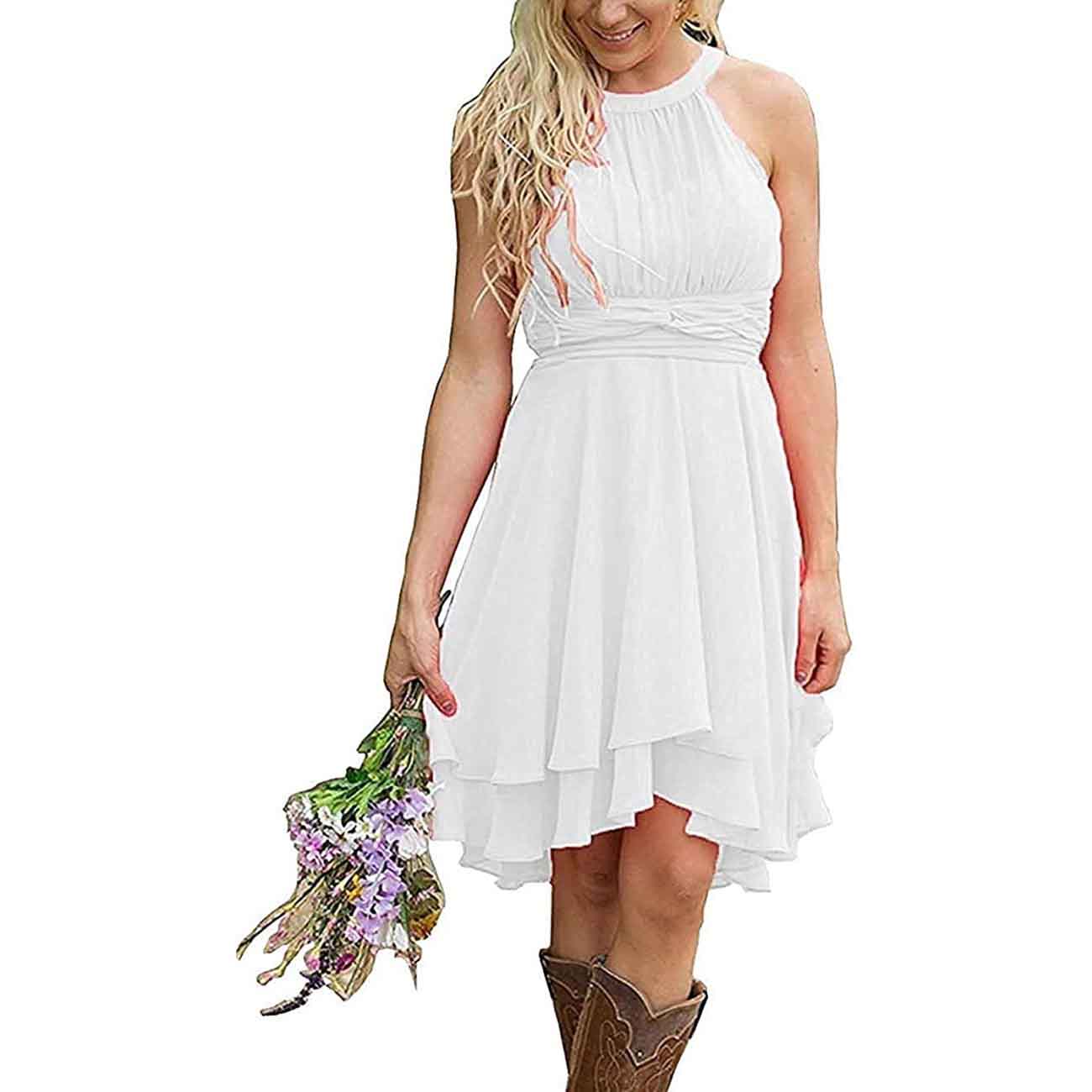 Chic white cowgirl bridesmaid dress for rustic wedding with layered skirt and halter neckline