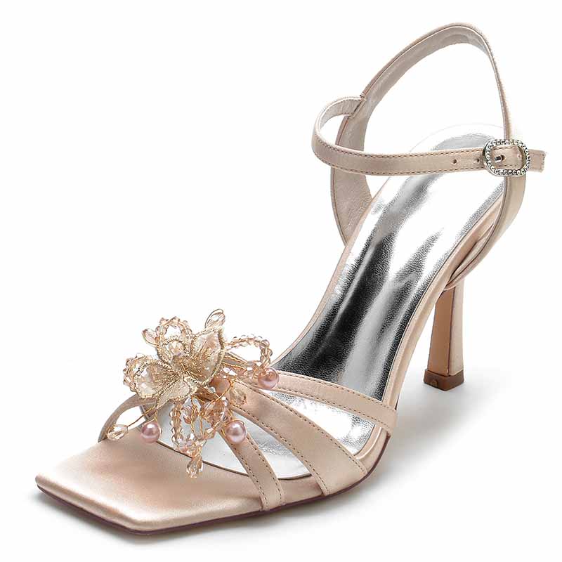 Elegant satin pump heel sandal for bridesmaids with floral embellishments and a delicate ankle strap