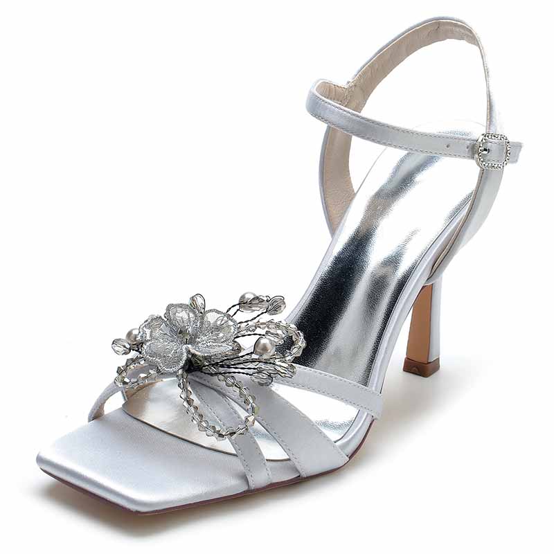 Elegant satin pump heel sandal for bridesmaids featuring floral embellishments and ankle strap
