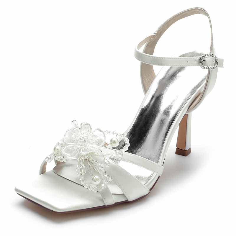 Elegant white satin pump heel sandal for bridesmaids with floral embellishments and ankle strap