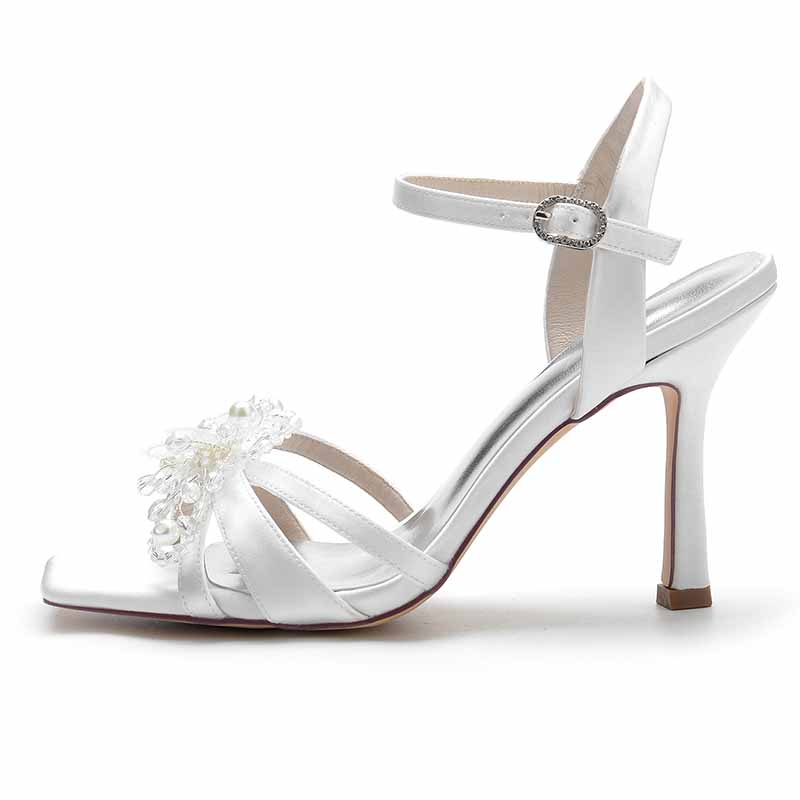 Elegant satin pump heel sandal for bridesmaids with pearl embellishments and ankle strap