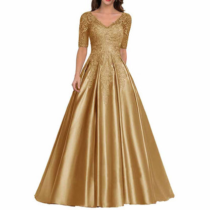 V Neck Satin Prom Bridesmaid Dresses Appliques Evening Dresses Long Formal Party Ball Gowns
