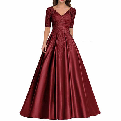 V Neck Satin Prom Bridesmaid Dresses Appliques Evening Dresses Long Formal Party Ball Gowns