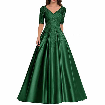 V Neck Satin Prom Bridesmaid Dresses Appliques Evening Dresses Long Formal Party Ball Gowns