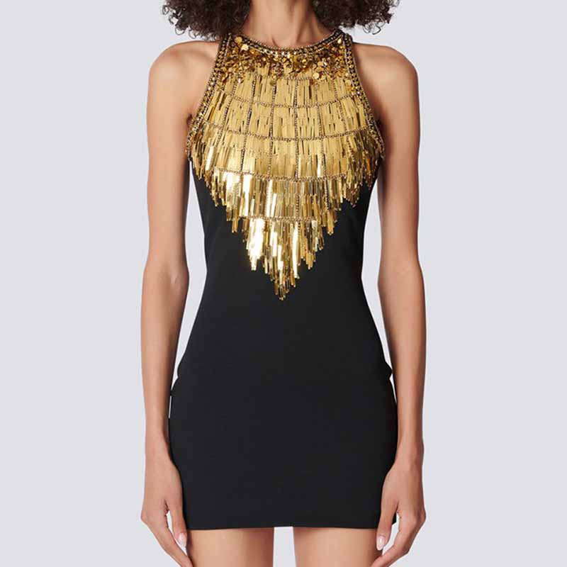 Women Gold Sequin Top Mini Black Dress Embellished Sleeveless Minidress