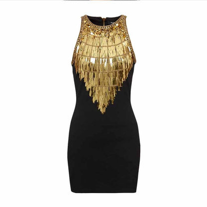 Women Gold Sequin Top Mini Black Dress Embellished Sleeveless Minidress