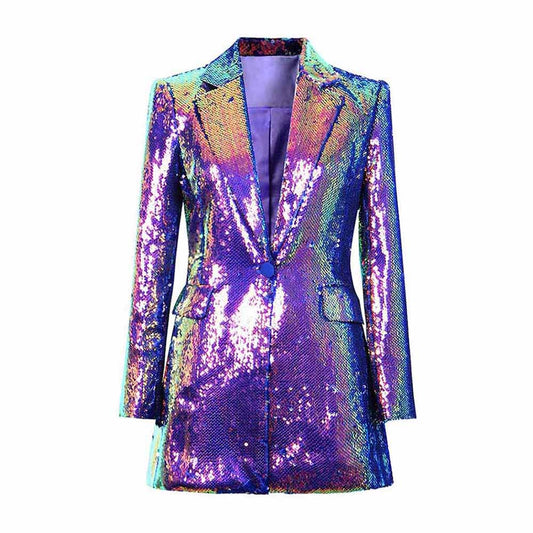 Women's Luxury One Button Rainbow Multi-Color / Sequinned Mid-length Blazer Coat
