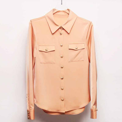 Women Long Sleeve Soft Shirt Casual Satin Blouse Loose Shirt