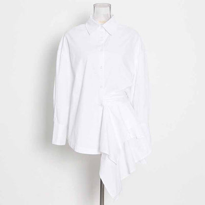 Women Lapel Long-sleeve Loose Shirt Detachable Asymmetric Blouse Top