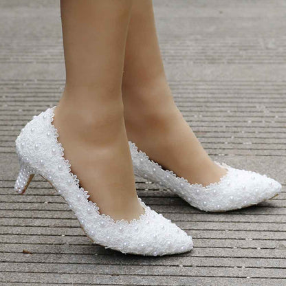 Women's Bridal Stiletto Low Heel Closed Toe Pumps with Imitation Pearl Applique
