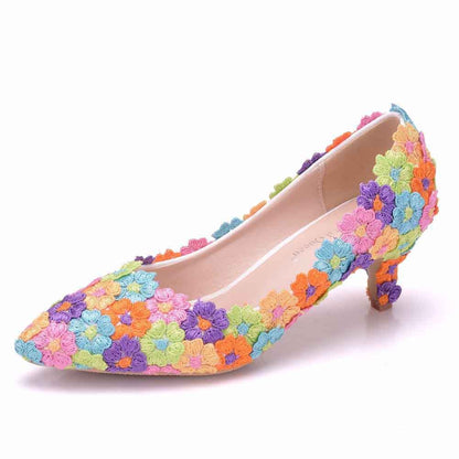 Women's Bridal Stiletto Low Heel Closed Toe Pumps with Imitation Pearl Applique