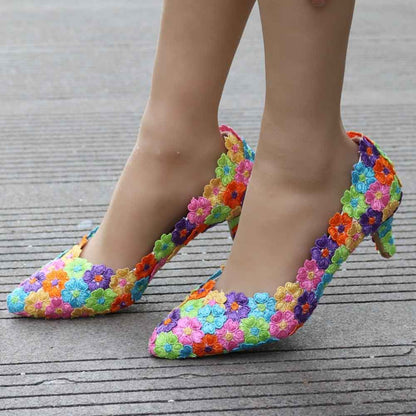 Women's Bridal Stiletto Low Heel Closed Toe Pumps with Imitation Pearl Applique