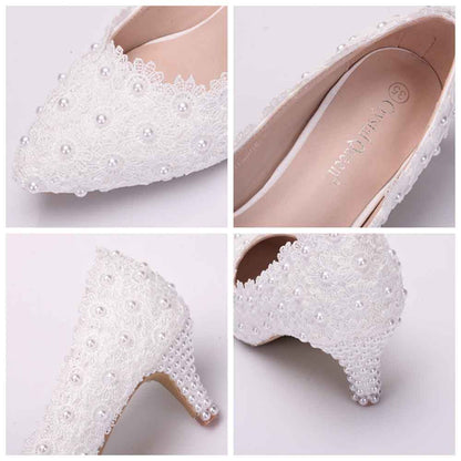 Women's Bridal Stiletto Low Heel Closed Toe Pumps with Imitation Pearl Applique