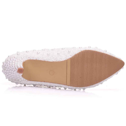 Women's Bridal Stiletto Low Heel Closed Toe Pumps with Imitation Pearl Applique
