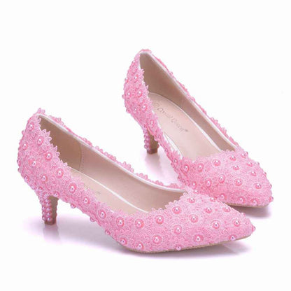 Women's Bridal Stiletto Low Heel Closed Toe Pumps with Imitation Pearl Applique