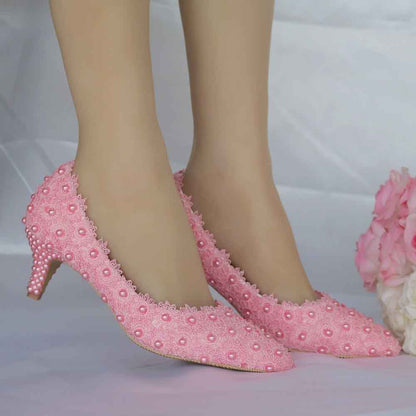 Women's Bridal Stiletto Low Heel Closed Toe Pumps with Imitation Pearl Applique