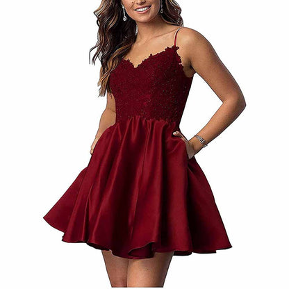 Homecoming Dresses Teens Lace Short Prom Dress with Pocket Mini Party Dresses