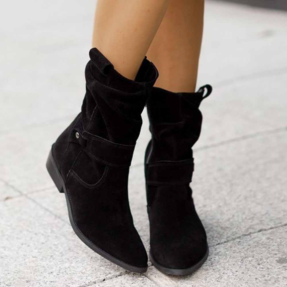 Women's Fashion Flat Heel Calf Boots Side Zipper Ankle Booties