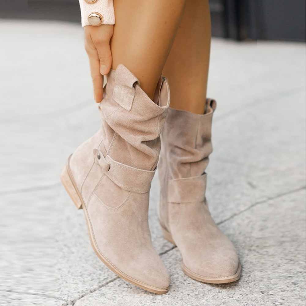 Women's Fashion Flat Heel Calf Boots Side Zipper Ankle Booties